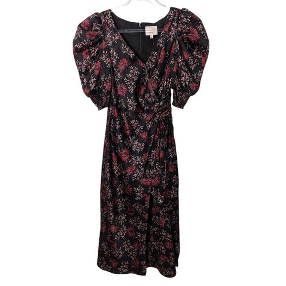Cinq à Sept Kacy Midi Dress Floral Faux Wrap Silky Black Pink NWT Size 2 - Picture 2 of 14